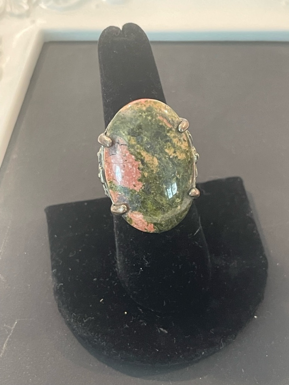 Oval Green and Pink Natural Stone Ring for Women